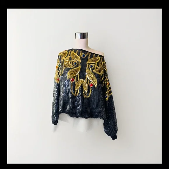 Vintage‎ 80's Silk, Sequin and Rhinestone Creative Creations Disco Glam Blouse - Picture 11 of 14